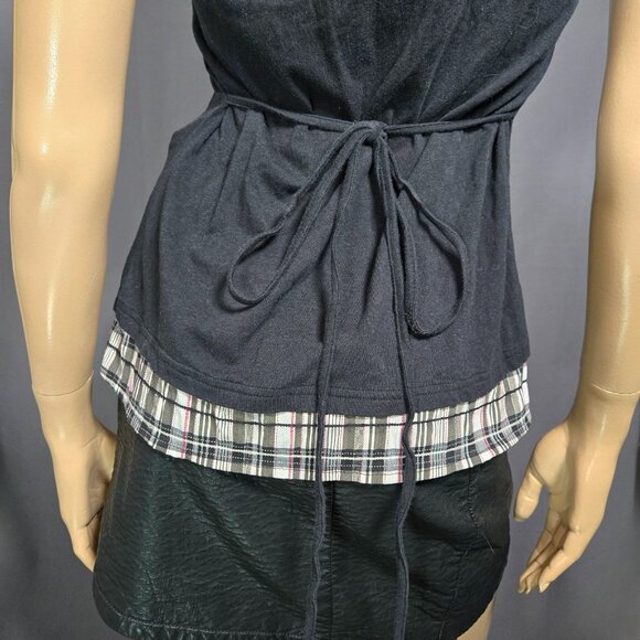 Y2K Button Up Blouse Top Size L Black White Plaid Short Sleeve Stretch Tie Back - Picture 6 of 9